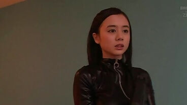 Costumed Asian mom in catsuit facialized